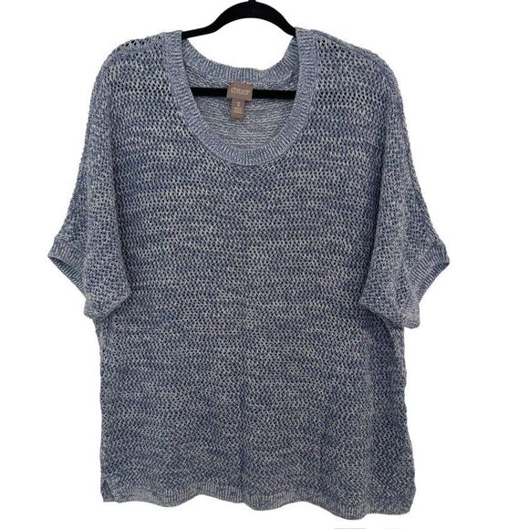Chico's Tops - Chico's 3 Size XL open-knit short-sleeve sweater Blue Marbled Textured Cotton